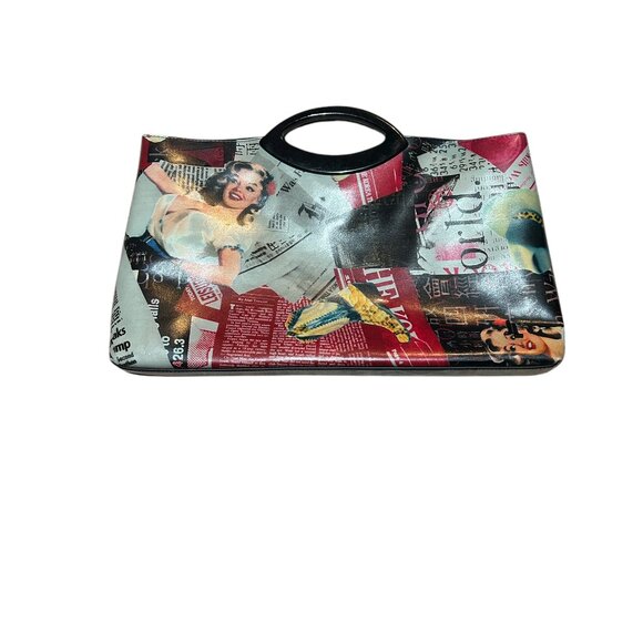 Jeanne Lottie Vintage Newspaper Print Clutch Lucite Handles Statement Bag Bold - Picture 3 of 14